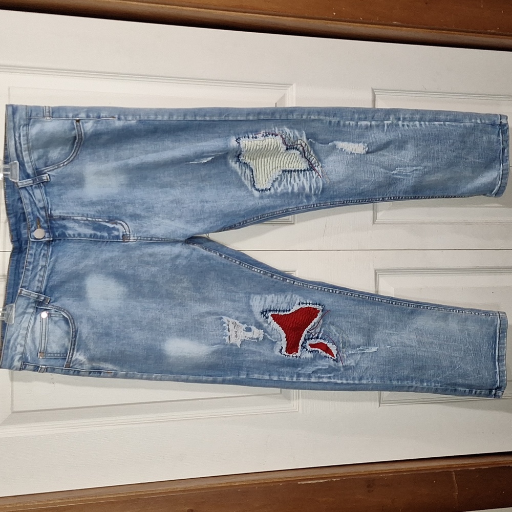 Denim patchwork distressed 5 pocket jeans - 40 - relaxed straight leg